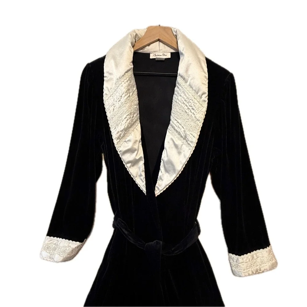 CHRISTIAN DIOR Robe Women's Small Velvet Ivory Satin Trim Embroidered Long Black